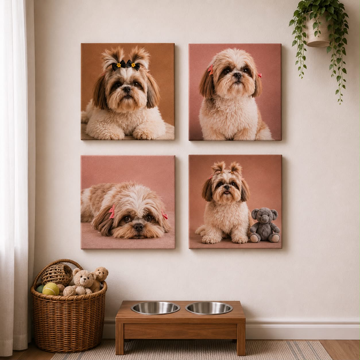 Sala decorada com canvas de pets na parede